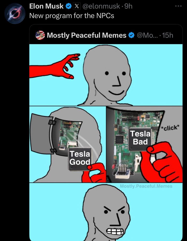 Elon Musk posting a meme that is meant to attack his haters but accidentally makes him look stupid also. 