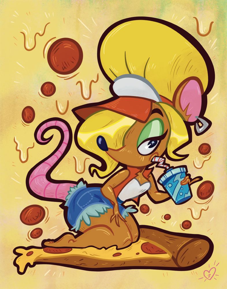Mozz, a blonde lady rat drinkin' some soda and sitting on her knees on a pizza slice.