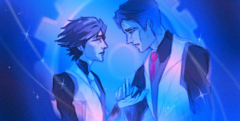 Two men against a blue background with a gear. Stars glow around them. The man on the left holds a book under his arm and extends his hand to the man on the right, who touches his palm with his own. Look at each other with a deep gaze.
——————
Двое мужчин на голубом фоне с шестеренкой. Вокруг них светятся звёзды. Мужчина слева держит подмышкой книгу, и протягивает руку мужчине справа, который касается его ладони своей. Смотрят друг на друга глубоким взглядом.