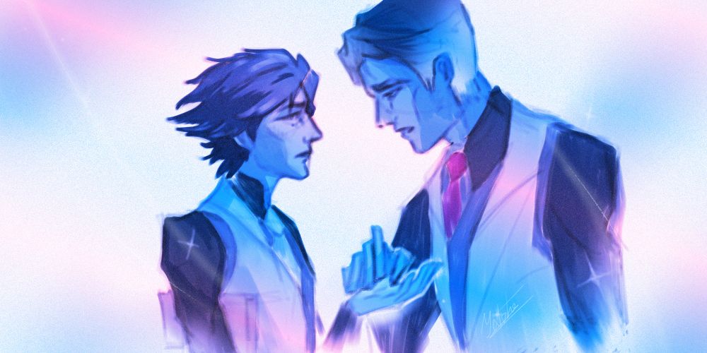 Two men against a white background with a soft pink-blue glow. The man on the left holds a book under his arm and extends his hand to the man on the right, who touches his palm with his own. They gaze deeply at each other.
——————
Двое мужчин на белом фоне с нежным розово-голубцм свечением. Мужчина слева держит подмышкой книгу, и протягивает руку мужчине справа, который касается его ладони своей. Смотрят друг на друга глубоким взглядом.