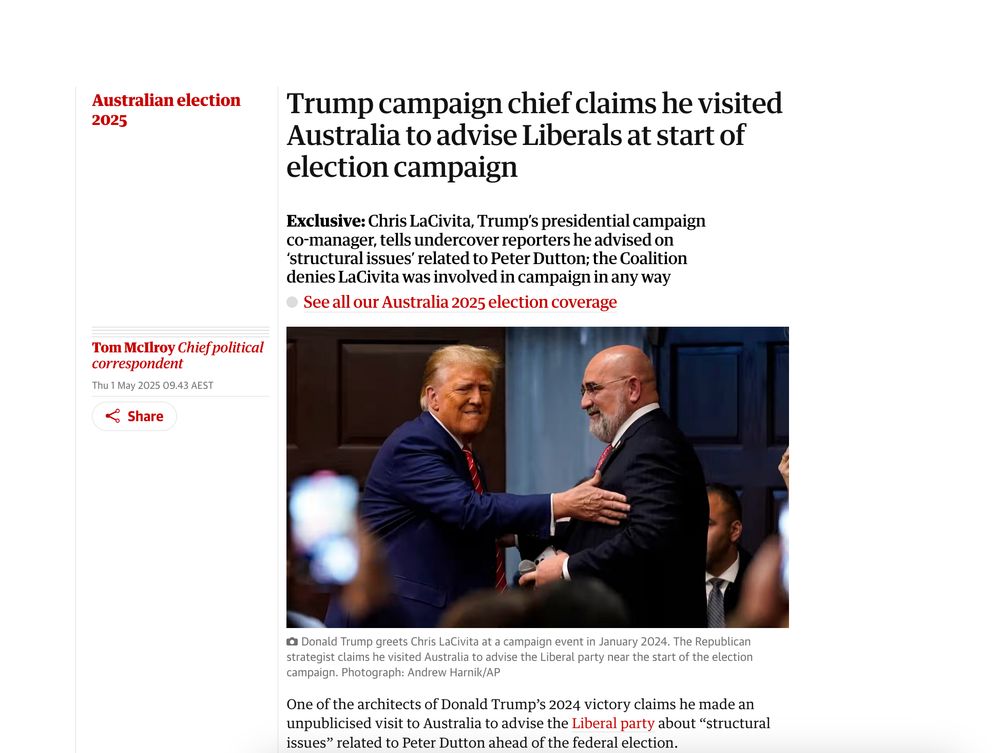 Donald Trump dressed in a very tight blue suit that is straining to contain his ego, places his right hand on the arm of a man he's standing very close to, his campaign director Chris LaCivita, whose name sounds like a 1980's beef recipe.

Both men are in side profile to save us the horror of seeing two ugly fascists together front on to the camera.