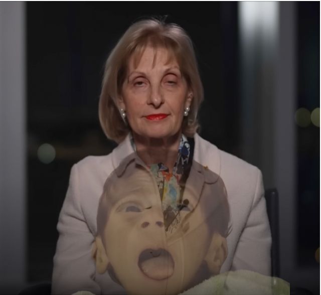 A photo of Australia's taxpayer funded antisemitism envoy, Jillian Segal, dressed in pearls, scarf and suit sitting in a tv studio. Superimposed over her expensive jacket is the image of a starving child in Gaza taken from an Al Jezeera report on YouTube (17,000 children in Gaza severely malnourished as starvation deaths rise, 22.7.2025)