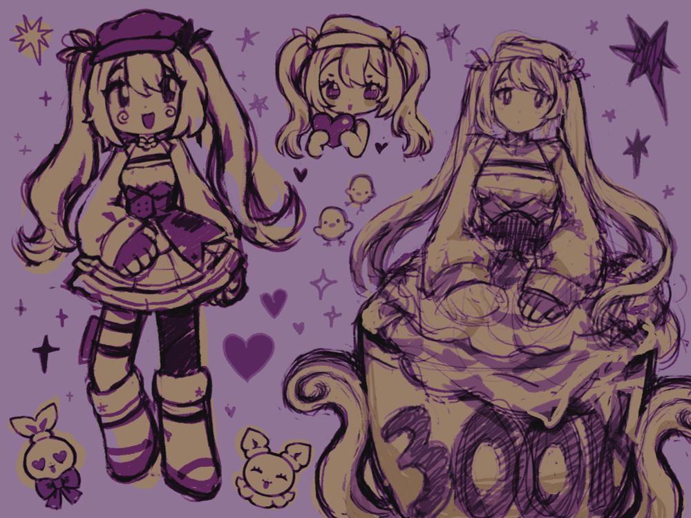 a few rough sketches of dokibird (vtuber) scattered around a purple canvas. Simplified style. On the right, she is sitting inside a trophy with "300k" written on the front.
