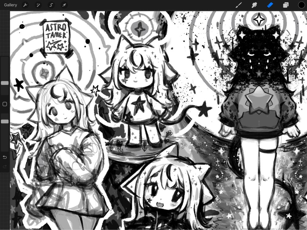 four drawings of my mascot character in varying (yet fairly anime) styles.