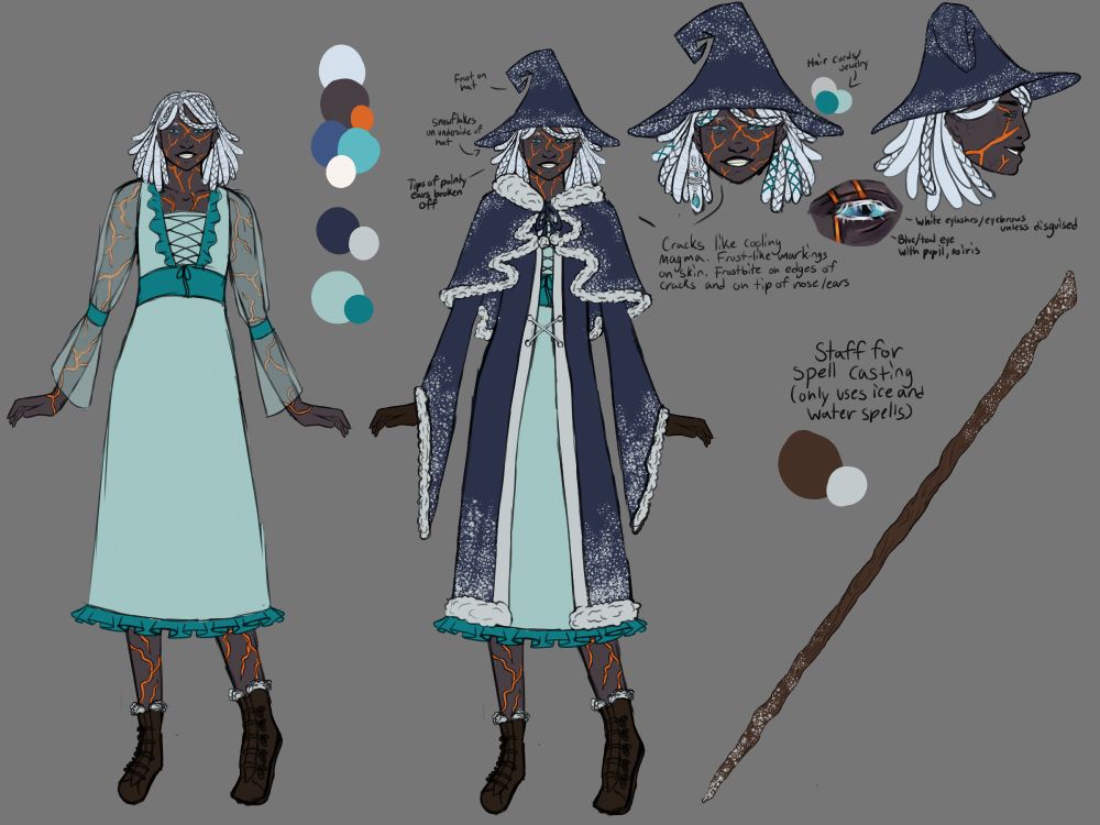 a reference sheet of my oc Ira. She stands with a smile and her arms by her side. She has dark skin with orange cracks, white locks, and blue eyes. she wears a blue/teal dress with a darker blue cloak overtop of it. She has a matching blue hat and both have frost detailing. There is also a drawing of her staff which is brown with frost on the top and bottom. 