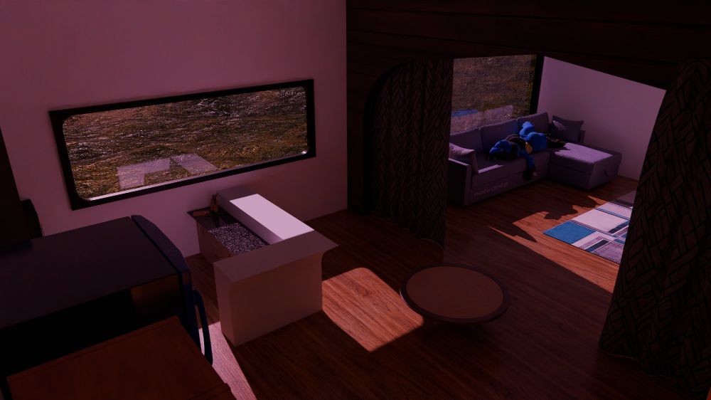 the camera faces a small kitchen and a living room. there is a lucario sleeping on a couch in front of the window in the living room.