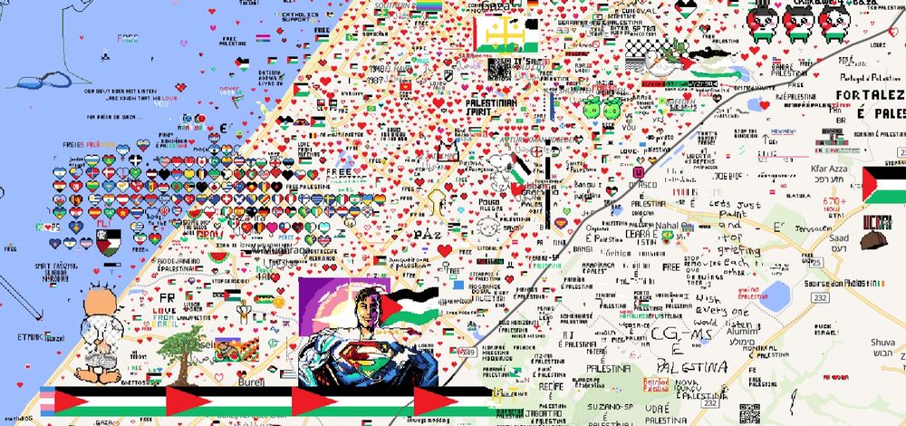 A map of Gaza with hundreds of pixel illustrations drawn on by people all over the world
