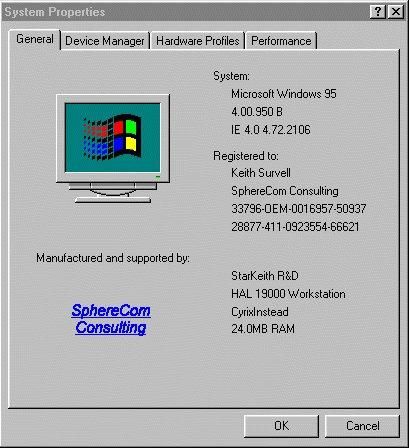 Screenshot of the "System Properties" screen from Windows 95, showing the Windows installation registered to Keith Survell, SphereCom Consulting, and the system details saying "StarKeith R&D, HAL 19000 Workstation, CyrixInstead, 24.0MB RAM"