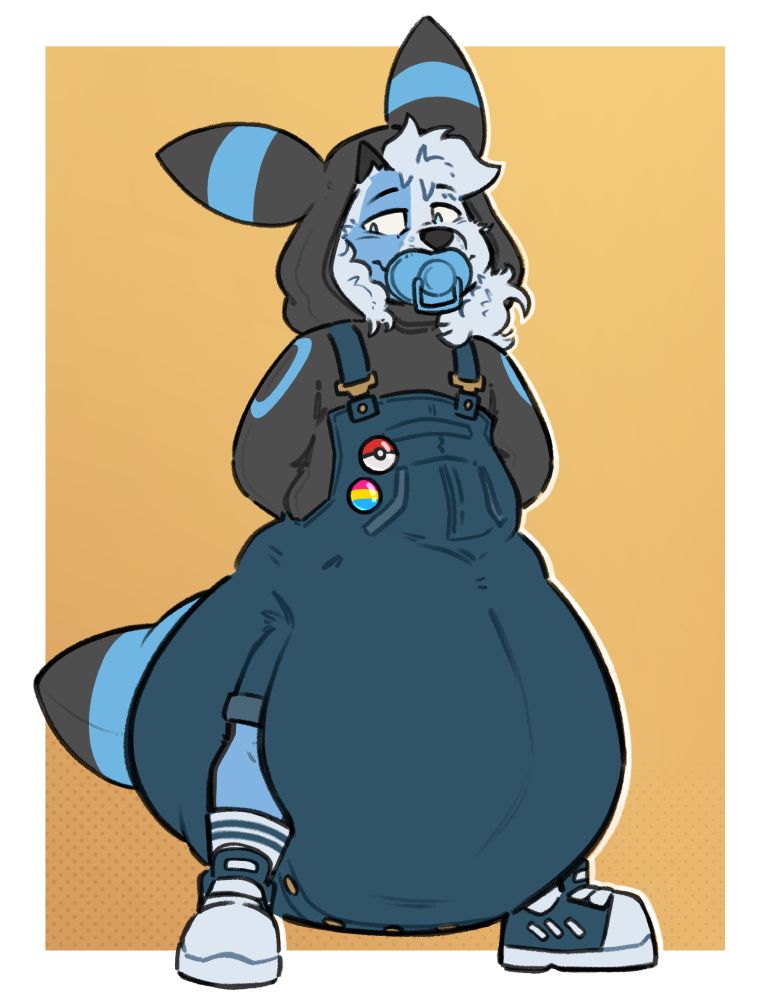 Avenue (He/Him), a demi-dragon wolf with white fur and a blue stripe down his right side of his face and body, as well as black fur on his legs and black horns on his head. He stands in a shiny Umbreon hoodie, a set of dark blue shortalls, and matching sneakers. He wears a very large, clean diaper that stuffs the shortalls enough to make them rest at his ankles. He sports a blue pacifier, and a few pins of a pokeball and a pansexual pride flag. Avenue is smiling, if a little shyly.

The background is yellow, with faint halftones.