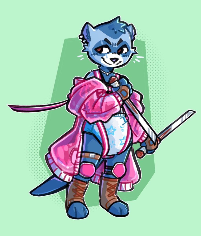 Ferret rogue with blue fur, wielding two shortblades and looking to the viewer’s left. They wear a necklace, a glossy sheer pink coat, a diaper covered in stars, kneepads, boots, straps, fingerless gloves, and a harness attached to a leash on their back.

They smile mischievously.