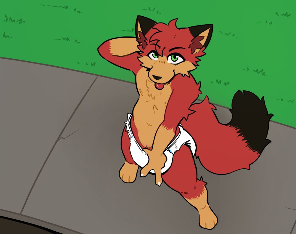 Vesper, a fox (He/Him!), standing on a sidewalk in nothing but a diaper. He looks up at the viewer, pulling down the waistband of the diaper to show off his vagina.