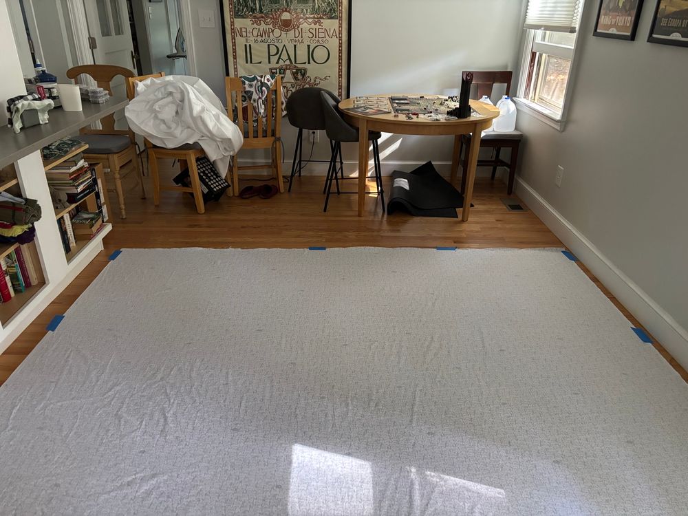 The open space next to my kitchen & dining room. All the furniture is pushed up against the back wall. A large piece of fabric is taped to the floor, with only a couple of inches to spare on either side. 