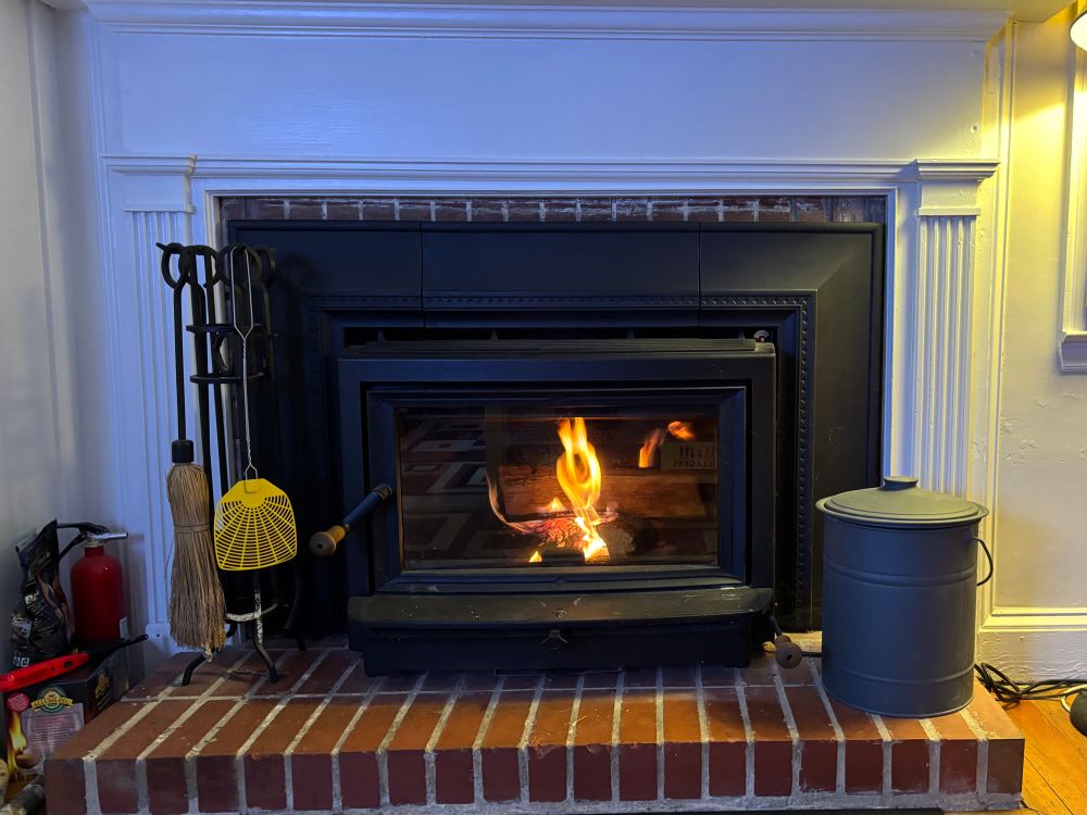 A fire in a fireplace with a glass door