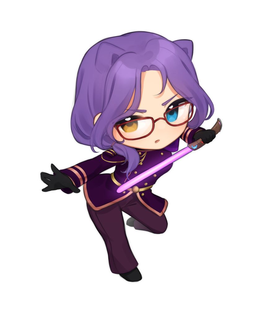 Chibi art of Mizore in her Ceremonial Dress Uniform, holding her Saber in her Attack stance and semi-crouching.