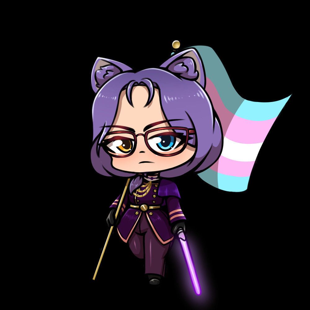 Mizore in chibi form, wearing her formal dress uniform and holding a lightsaber and trans flag 