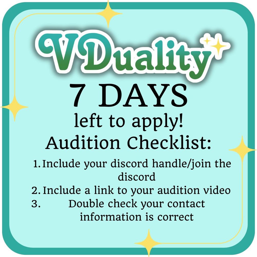 VDuality
7 DAYS left to apply!
Audition Checklist:
1. Include your discord handle/join the discord
2. Include a link to your audition video
3. Double check your contact information is correct
