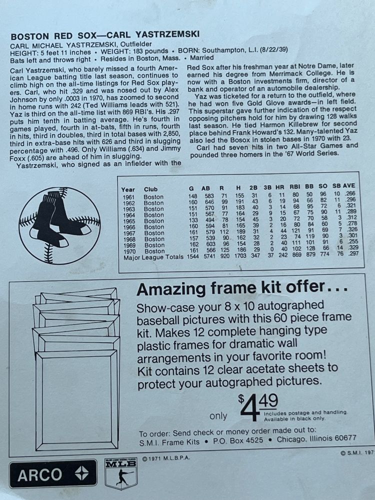 The backside of the baseball card