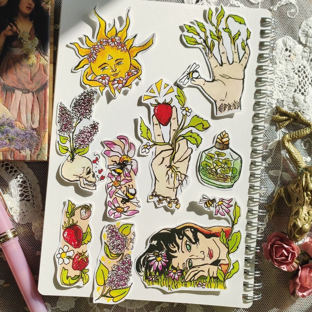 9 stickers with spring themed illustrations. A happy sun, a hand with leaves, a hand with strawberry, lilac, skull with lilac, plant in a bottle and girl character observing a bee. Original made with watercolor painting and markers