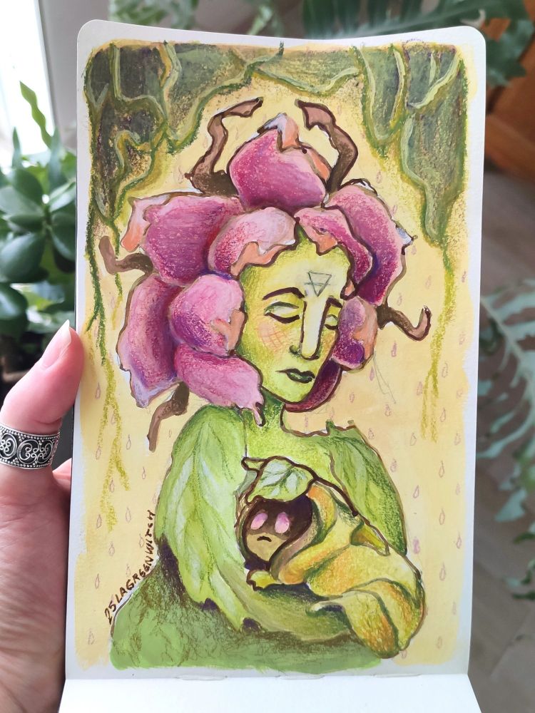 Illustration of a rose lady holding a sad baby larva. Gouache and colour pencils on sketchbook 