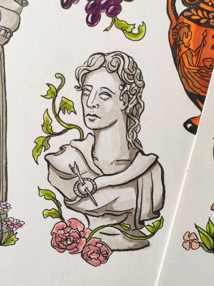 Illustration (marker and watercolor) of an androgynous Greek bust statue with some pink flower