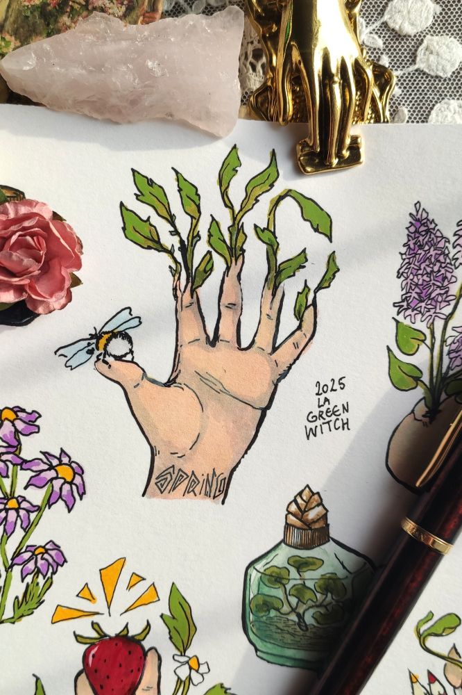Illustration of a hand with growing leaves on fingertips and a bee on the thumb. Marker and watercolor on paper