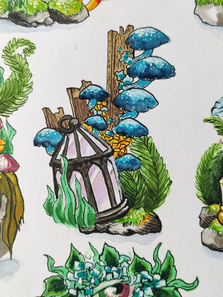 Illustration of a lantern with mushrooms. Markers and watercolours