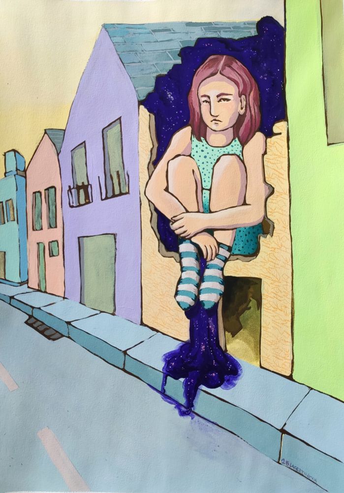 Illustration d'une petite fille assise dans une maison en ruine située dans une rue de maisons aux façades pastel. Surréaliste et allégorique 