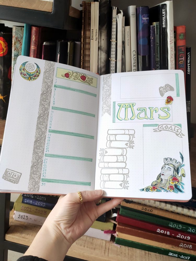 bullet journal pages with a monthly spread for March. Medieval vibe with pastel colours 