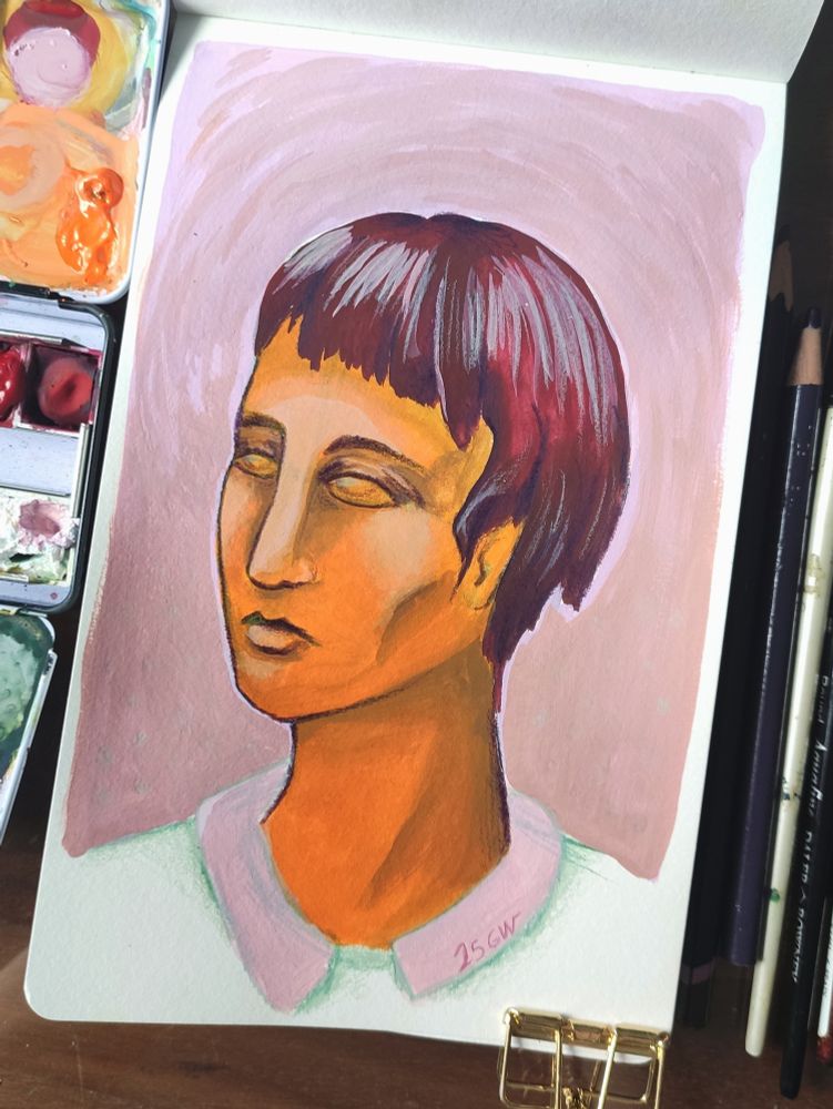 Portrait à la gouache, personage à la peau orange et cheveux bordeaux. Illustration en sketchbook 