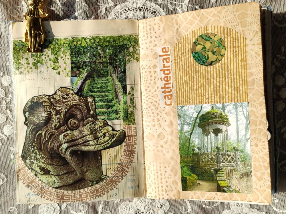 Junk journal collage. A stone monster and a decadent stair + a ruin in an abandoned garden with the word "cathedral". Dark academia vibe.