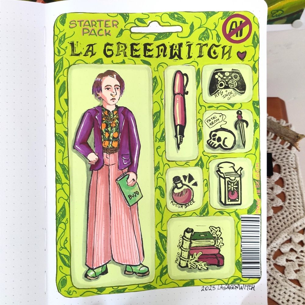 Illustration with gouache and markers. Selportrait with accessories like fountain pen, tarot deck, books, etc 