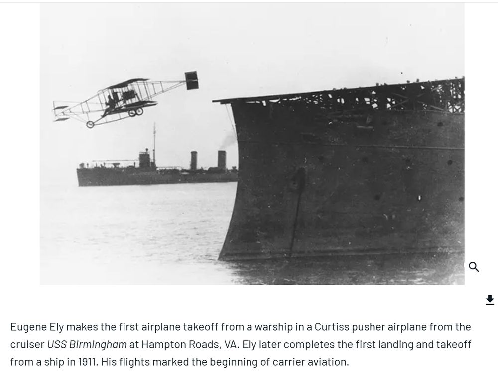 Photo of  a Curtiss pusher airplane from the war cruiser, USS Birmingham at Hampton Roads, VA.
photo curtesy of the  U.S. Naval Historical Center