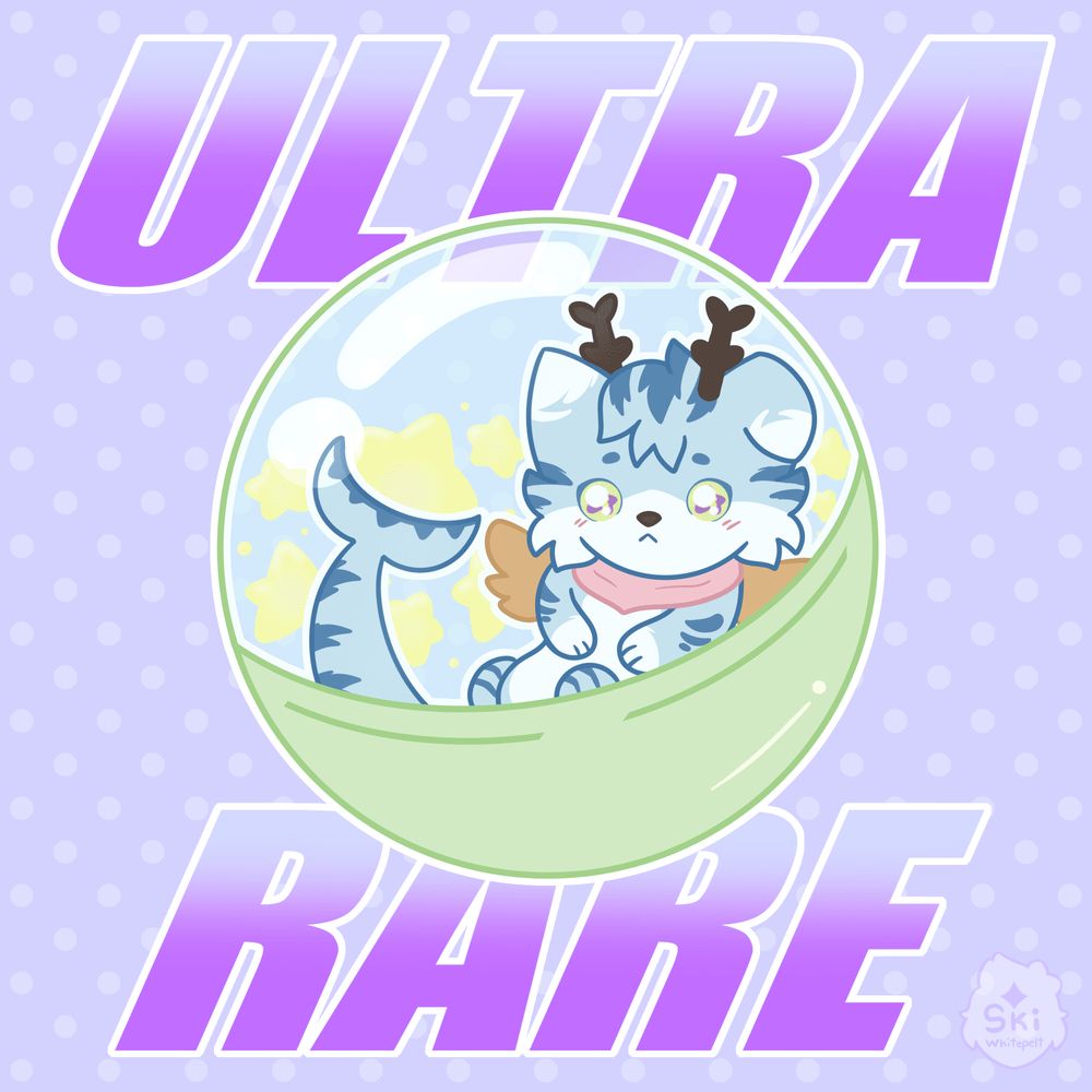 Art of Bingo the Chimera. Bingo is a light blue dog/cat hybrid darker blue stripes. They also have deer antlers, small golden wings, and a shark tail. He wears a pink or pride themed bandana.