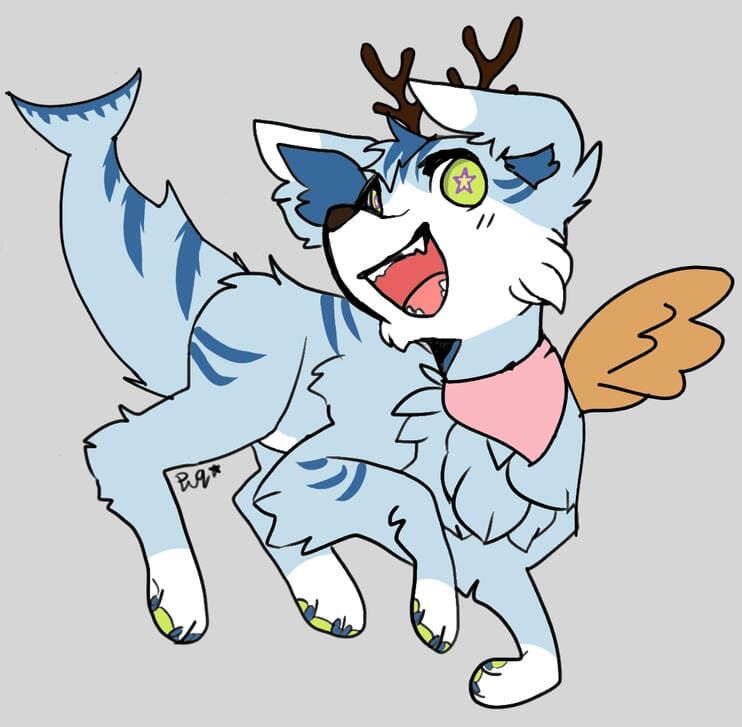 Art of Bingo the Chimera. Bingo is a light blue dog/cat hybrid darker blue stripes. They also have deer antlers, small golden wings, and a shark tail. He wears a pink or pride themed bandana.