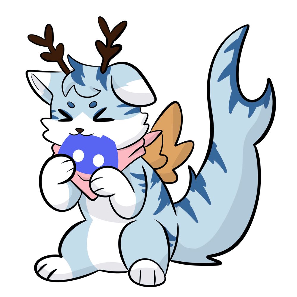 Art of Bingo the Chimera. Bingo is a light blue dog/cat hybrid darker blue stripes. They also have deer antlers, small golden wings, and a shark tail. He wears a pink or pride themed bandana.