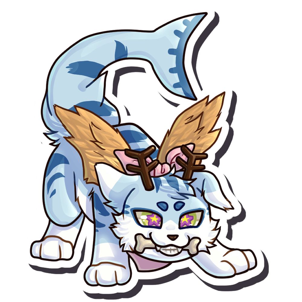 Art of Bingo the Chimera. Bingo is a light blue dog/cat hybrid darker blue stripes. They also have deer antlers, small golden wings, and a shark tail. He wears a pink or pride themed bandana.