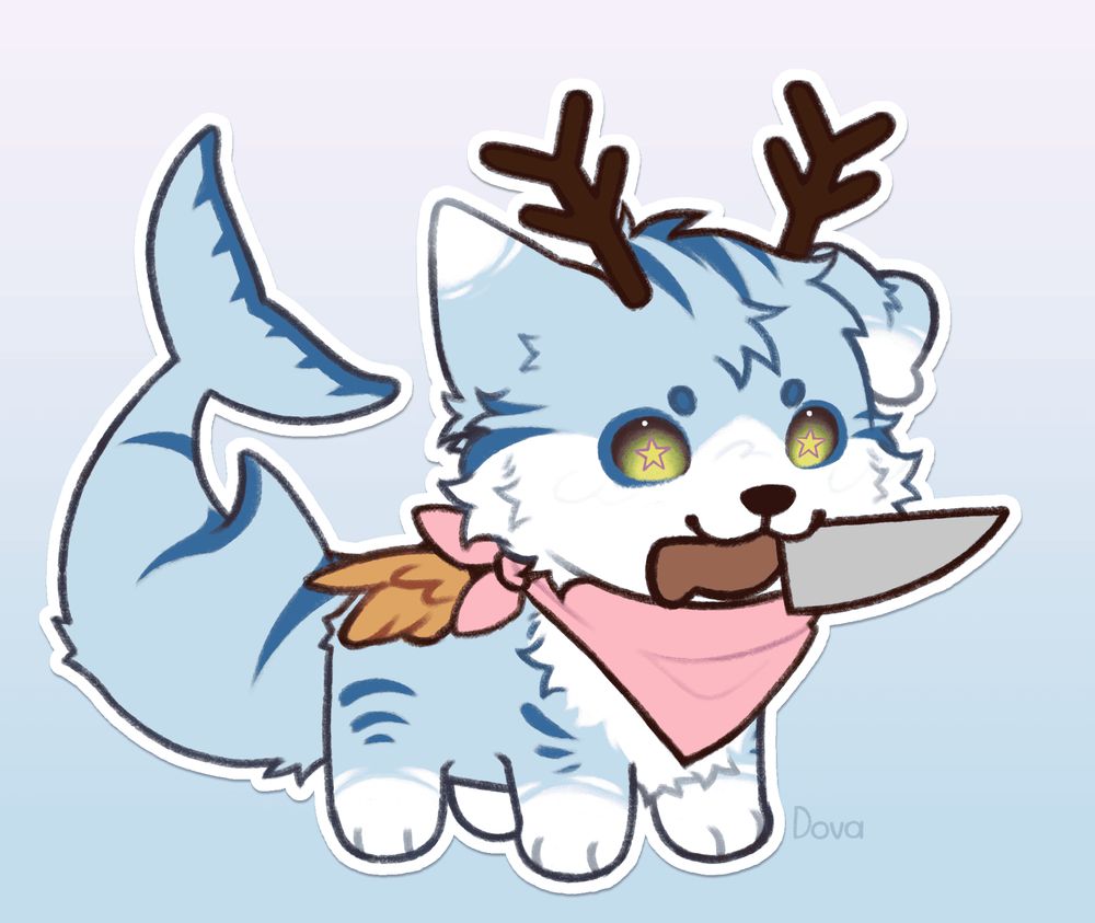 Art of Bingo the Chimera. Bingo is a light blue dog/cat hybrid darker blue stripes. They also have deer antlers, small golden wings, and a shark tail. He wears a pink or pride themed bandana.