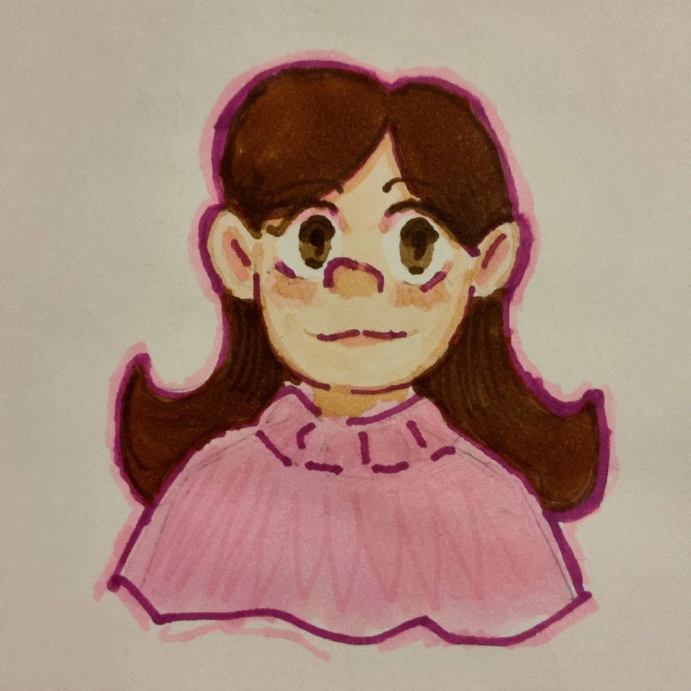 mabel from tv show gravity falls. a girl with light skin, brown hair, brown eyes in a pink sweater. 
