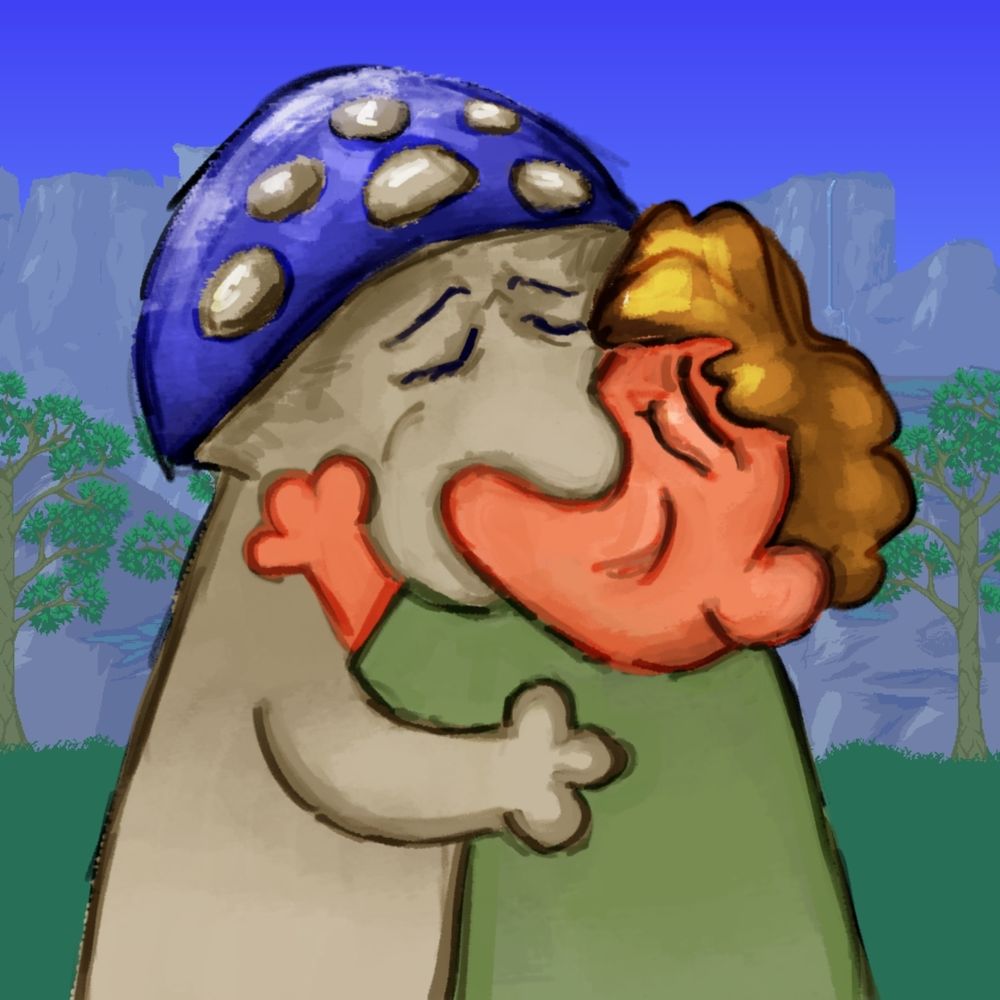 two npcs from terraria kissing (truffle and guide)