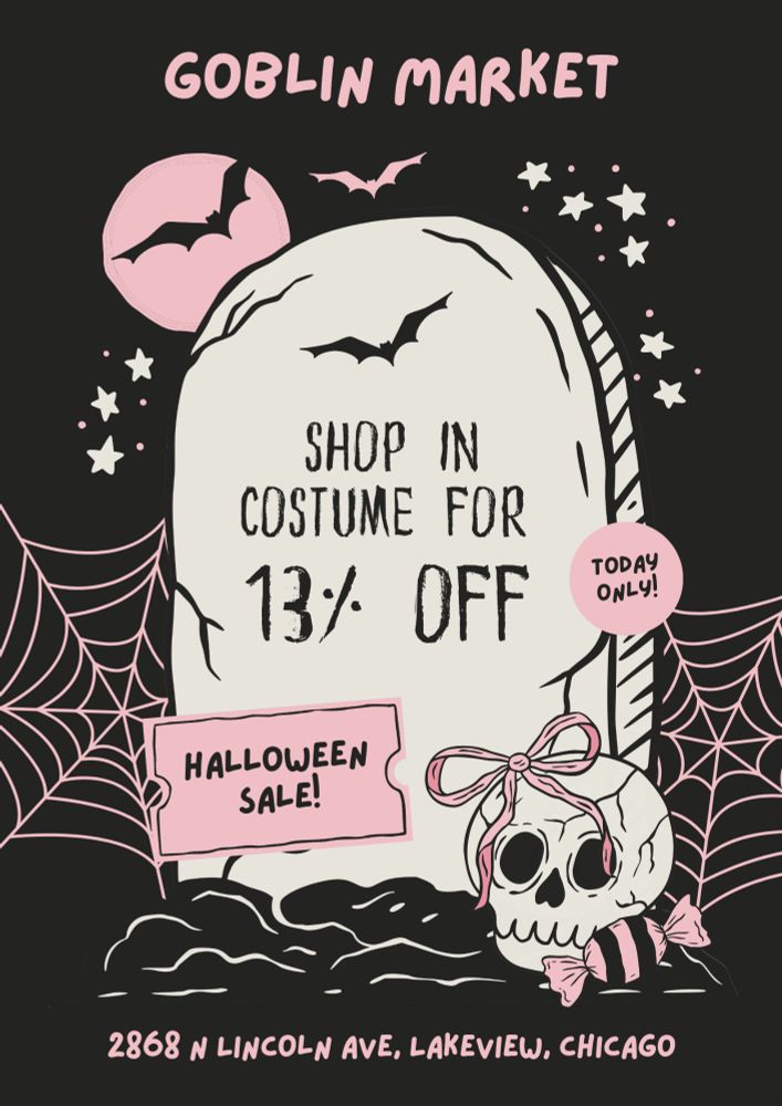 A Halloween-themed promotional graphic for Goblin Market featuring a large tombstone framed by pink cobwebs and stars, with flying bats and a pink moon in the background. The tombstone text reads: “Shop in costume for 13% off.”