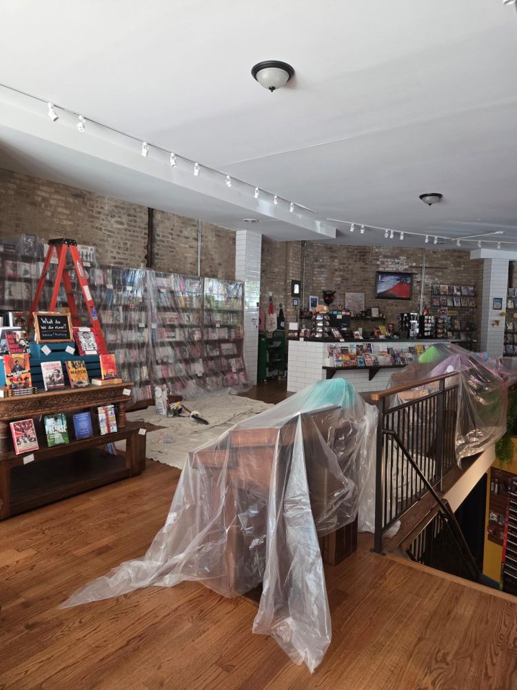 Goblin Market Manga with a ladder in the middle of the sales floor and shelves under tarps