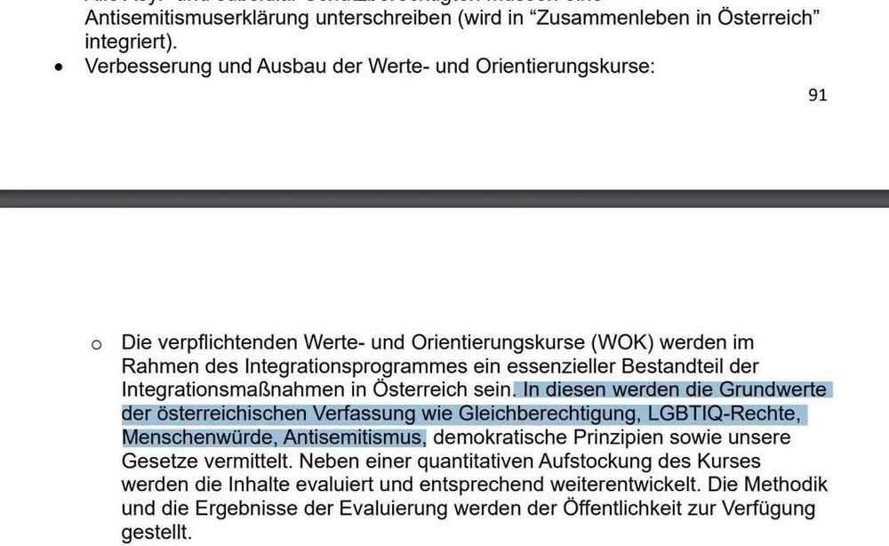 Screenshot aus dem Regierungsprogramm, in welchem Antisemitismus neben u.a. Gleichberechtigung und Menschenwürde als Grundwert der österreichischen Verfassung dargestellt wird.