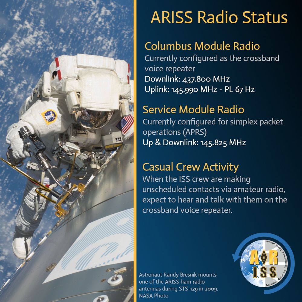 The image provides an update on the ARISS (Amateur Radio on the International Space Station) radio status as of July 21, 2025. 

- **Columbus Module Radio**: Configured as a crossband voice repeater with a downlink of 437.800 MHz and an uplink of 145.990 MHz (PL 67 Hz).
- **Service Module Radio**: Configured for simplex packet operations (APRS) with an up and downlink frequency of 145.825 MHz.
- **Casual Crew Activity**: Unscheduled amateur radio contacts may occur, and listeners can expect to hear the crew on the crossband voice repeater.

The image also includes a NASA photo of astronaut Randy Bresnik mounting one of the ARISS ham radio antennas during STS-129 in 2009.