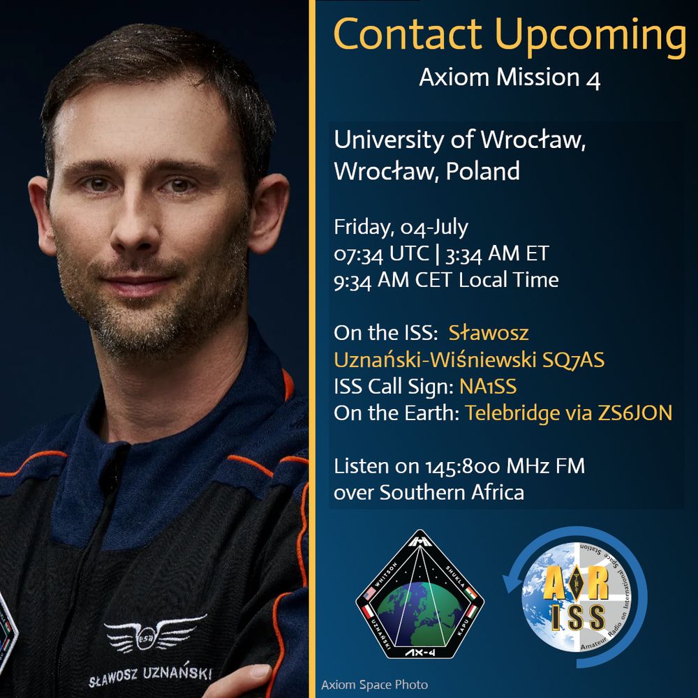The image details an upcoming contact for Axiom Mission 4, scheduled for Friday, July 4, 2025, at 07:34 UTC (1:34 AM ET, 9:34 AM CET). The contact involves Sławosz Uznański-Wiśniowski SQ7AS on the ISS (call sign NA1SS), with a telebridge via ZS6JON on Earth. It can be listened to on 145.800 MHz FM over Southern Africa. The event is associated with the University of Wrocław, Wrocław, Poland. The image also features the Axiom Space logo and an ISS Amateur Radio logo.