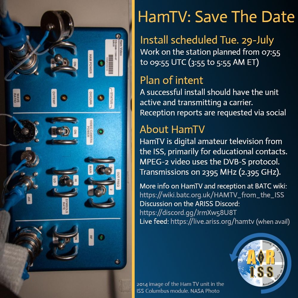 The image shows a HamTV unit, part of the amateur television system on the ISS, with a schedule for installation on Tue, 29-July, from 07:55 to 09:55 UTC (3:55 to 5:55 AM ET). A successful install should have the unit active and transmitting a carrier. Reception reports are requested via social media. HamTV uses MPEG-2 video with DVB-S protocol, transmitting on 2395 MHz (2.395 GHz), primarily for educational contacts. More info is available on the BATC wiki, ARISS discussion, Discord, and live feed when available. (2014 NASA photo of the HamTV unit in the ISS Columbus module.)