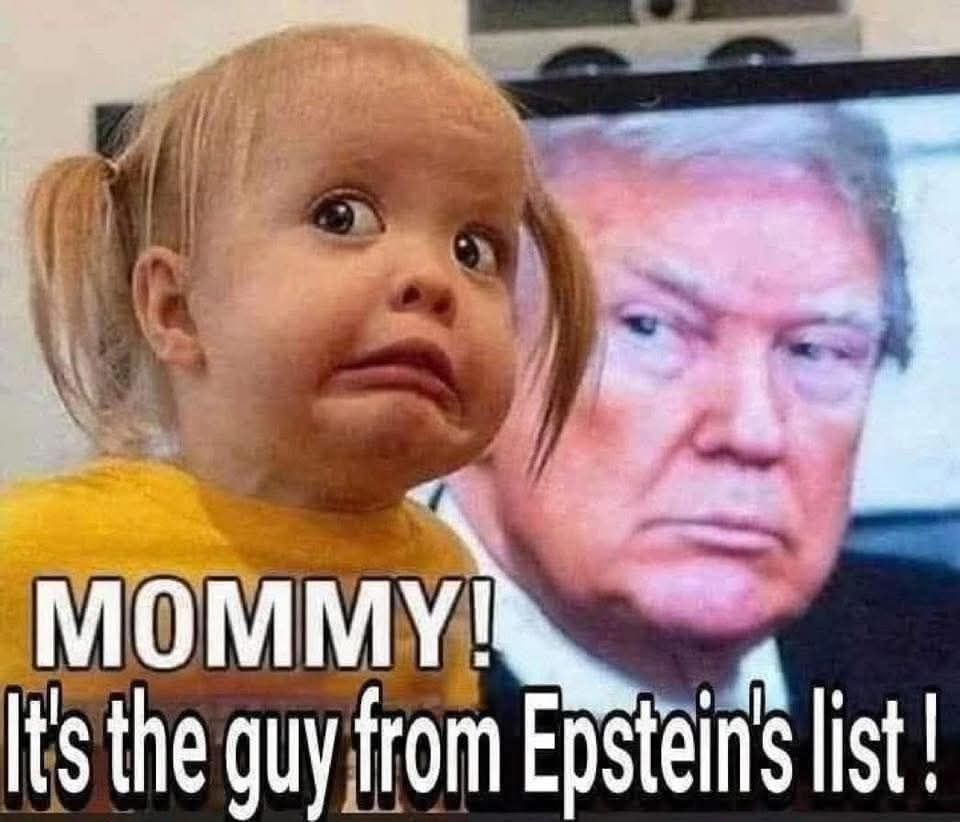 Image of Donald Trump in a TV in the background and a toddler girl in the foreground making a scared face with the caption "MOMMY! It's the guy from Epstien's list!"