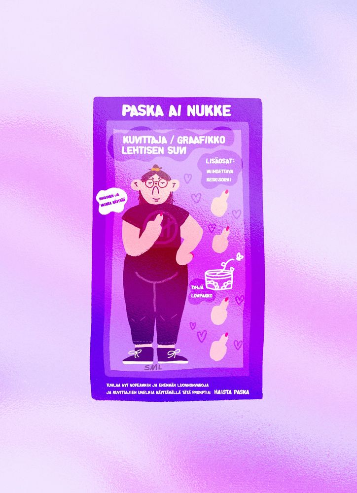 Kuvituskuvassa itse kuvittaja nukkepaketissa jonka lisäosina tulee mukana vaihdettava keskisormi ja tyhjä lompakko. Kuvitus kannustaa olemaan käyttämättä tekoälyä