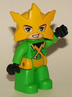 A Lego Duplo figure of the Spider-Man villain Electro, dressed in his comic book outfit. It's bright green with yellow trunks and yellow lightning bolts across his chest, with a yellow mask shaped like a crackling 5-pointed star. He's waving towards the camera.