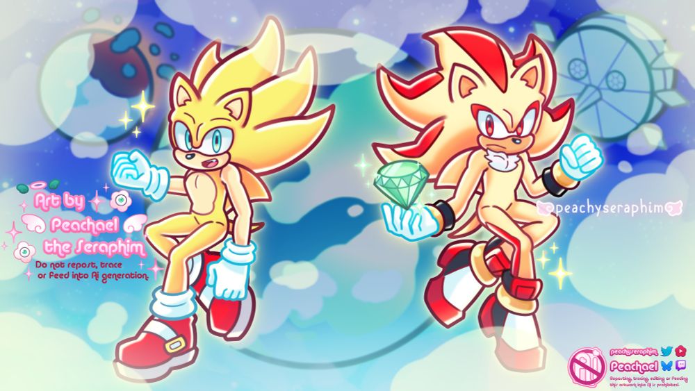 To the left is a glowing neon yellow hedgehog with blue eyes, white gloves and red shoes. This is Sonic the Hedgehogs super form (specifically Sonic Frontiers). To the right is a pale golden-yellow hedgehog with red accent colors, red eyes, white shoes with red and black accents. This is Shadow the Hedgehogs super form!