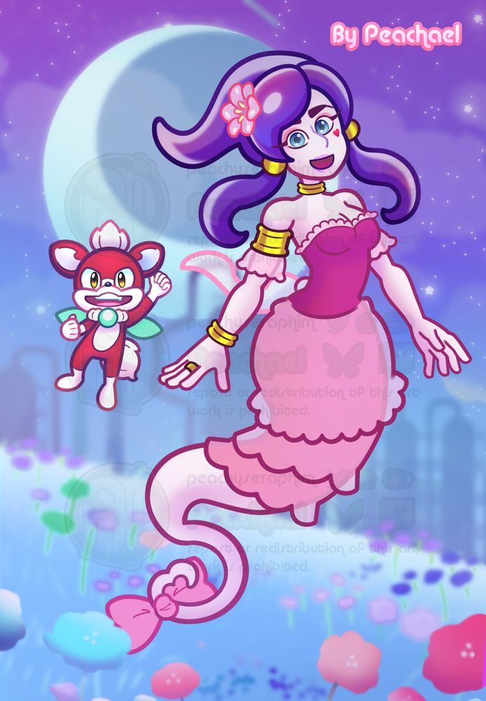 A pale ghost with pink clothing, purple hair, pink flower in hair, blue eyes, and gold accessories. This is Lah from the Night of the Werehog Short and Chip from Sonic Unleashed is the red chihuahua to the right.